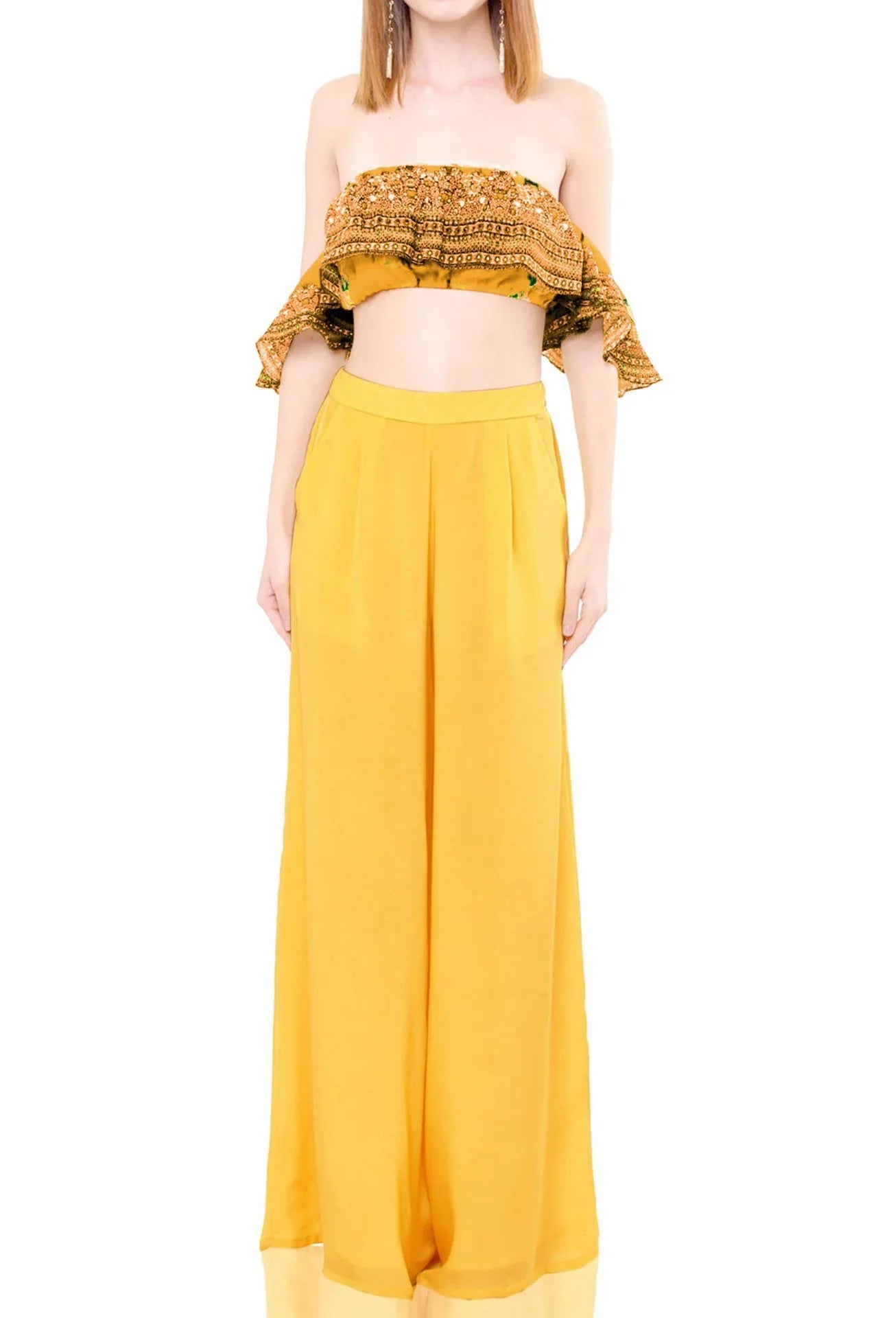 yellow crop top off the shoulder