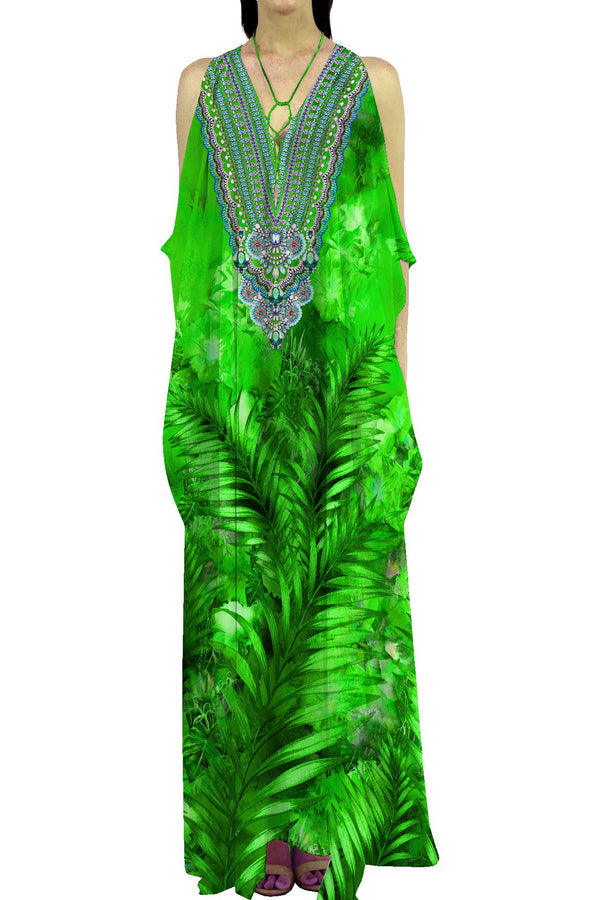 Palm Print Long Kaftan Dress in Green