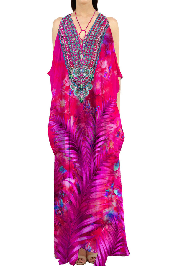 Pink Long Kaftan Dress in Palm Print