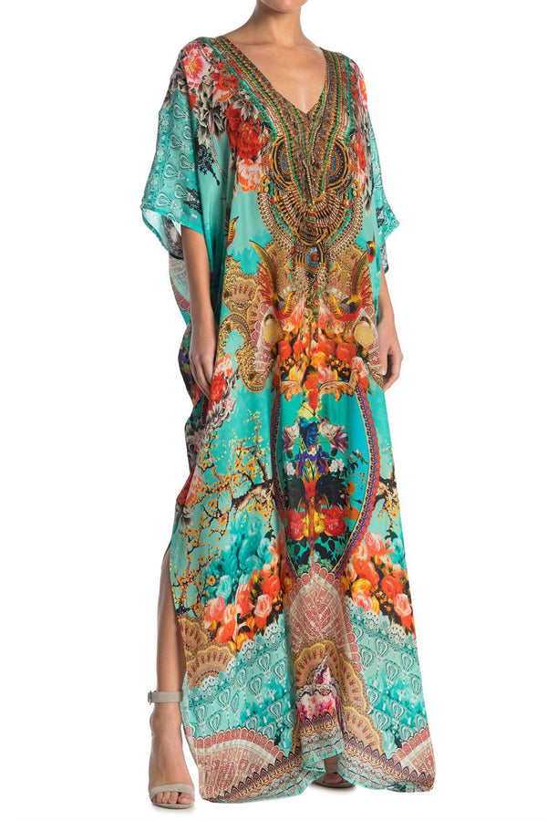 Printed Long Caftan Maxi Dress in Aqua