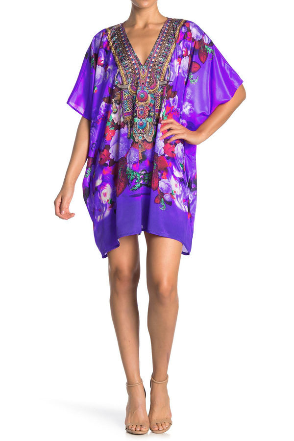 Flower Print Short Kaftan Dress in Purple
