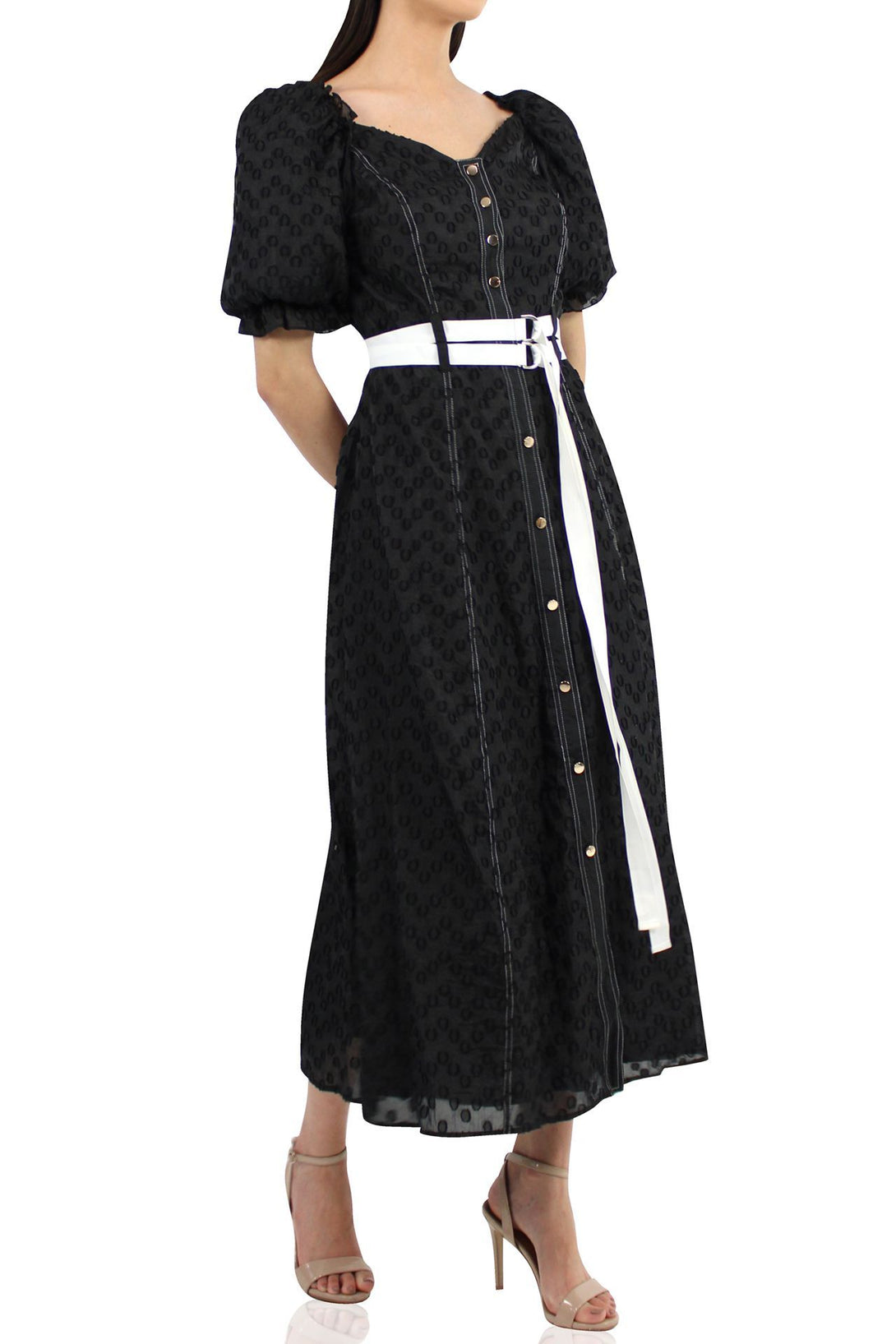 Satin-Silk-Designer-Belted-Dress-In-Black-By-Kyle-Richards