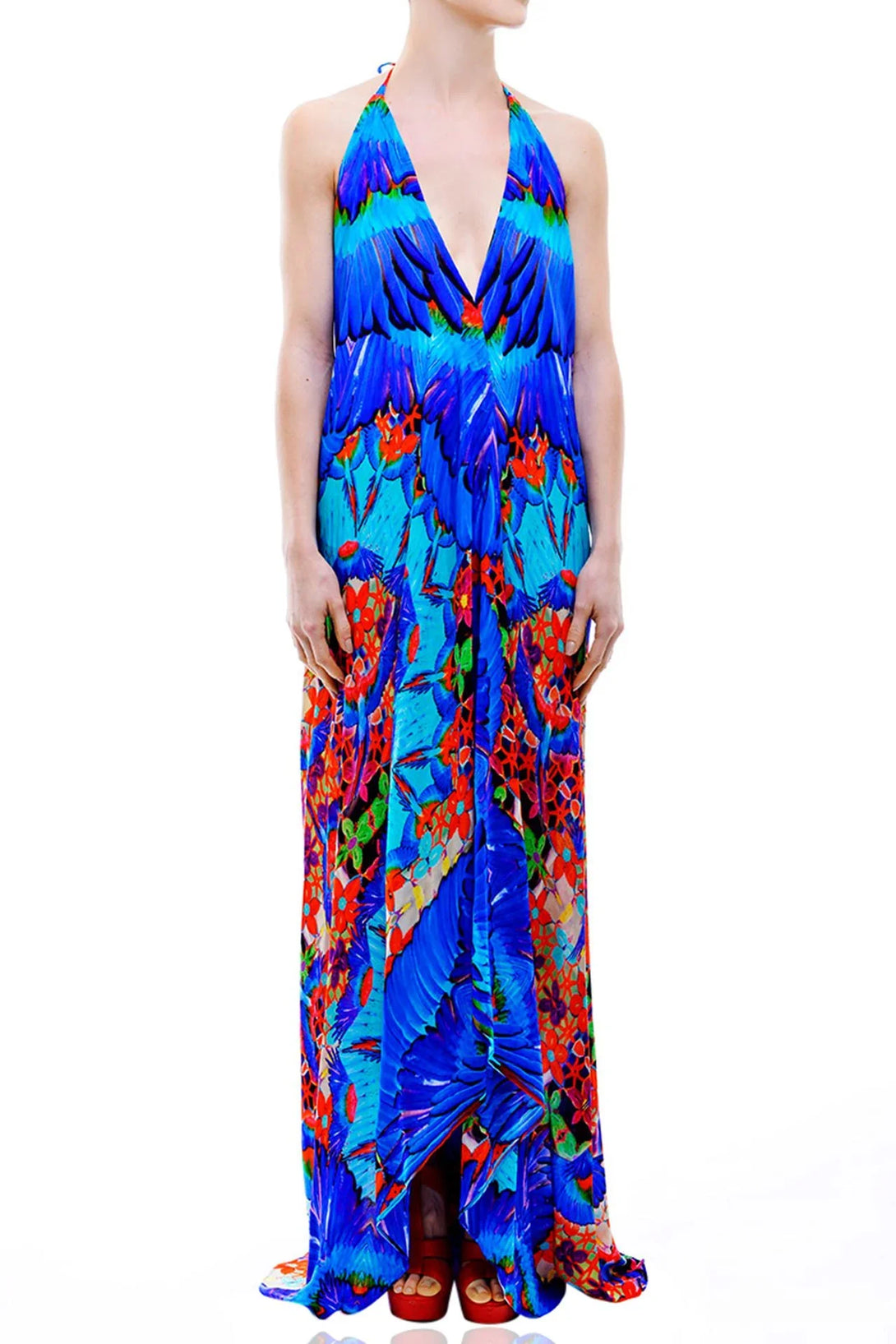One Size Blue Animal Print Silk Scarf Maxi Dress One Size Blue Animal Print Silk Scarf Maxi Dress