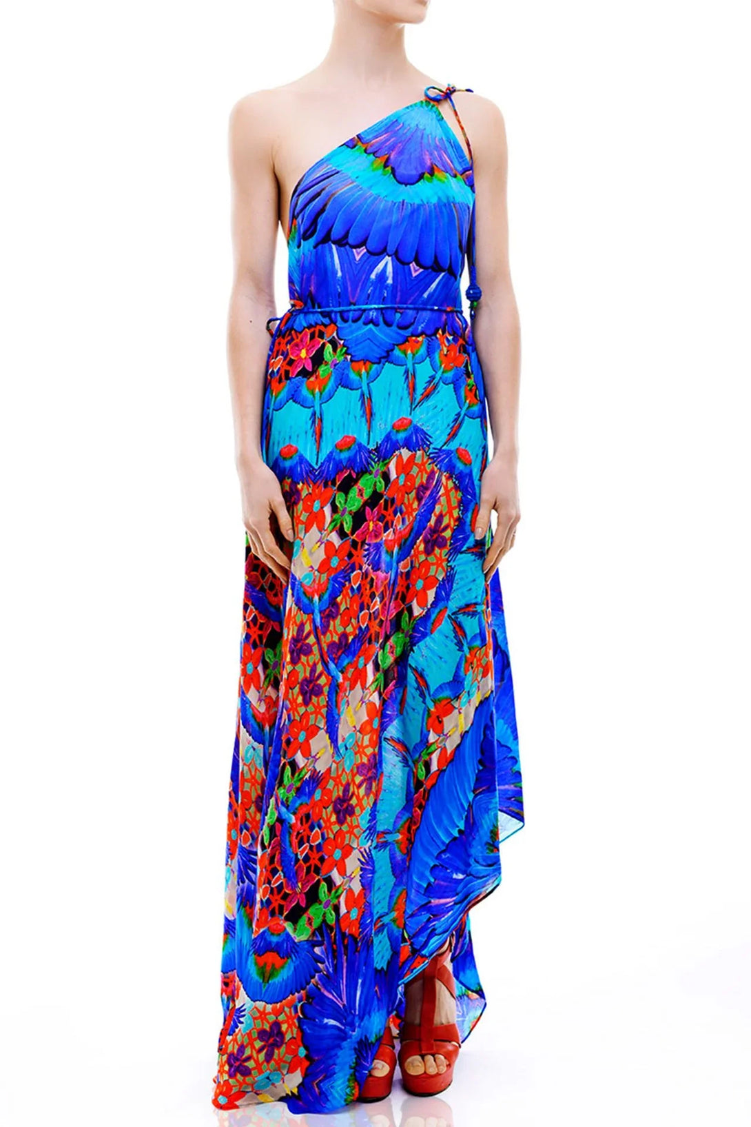 One Size Blue Animal Print Silk Scarf Maxi Dress
