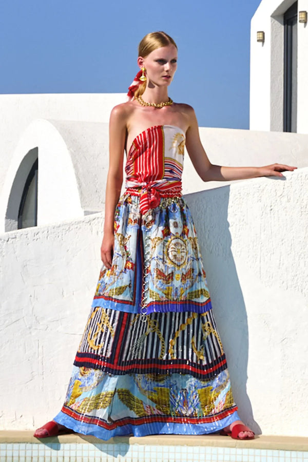 Off Shoulder Long Maxi Dress in Nautical Print Large-Extra Large