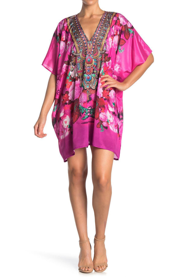 Pink Flower  Print Short Kaftan Dress