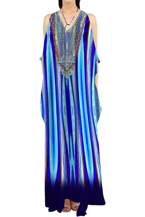 Blue Stripe Print Long Kaftan Dress