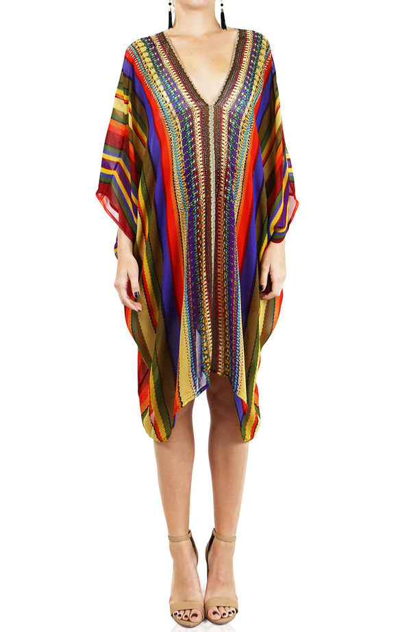 Rainbow Stripe Print Kaftan Dress