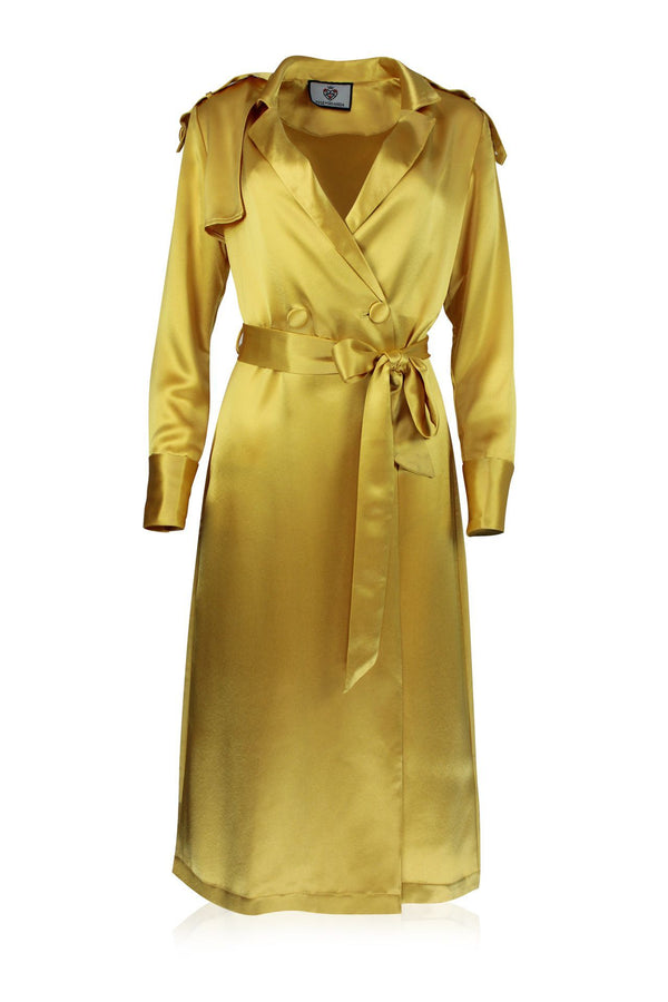 Designer Belted Silk Satin Coat In Yellow