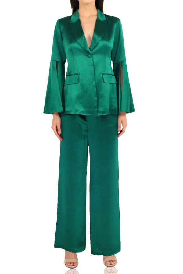 women designer suit, green blazer set, Kyle Richard,  flared sleeve blazer, wide leg pants, modern tailoring, elegant outfit, chic fashion, formal wear, luxury style, green ensemble
