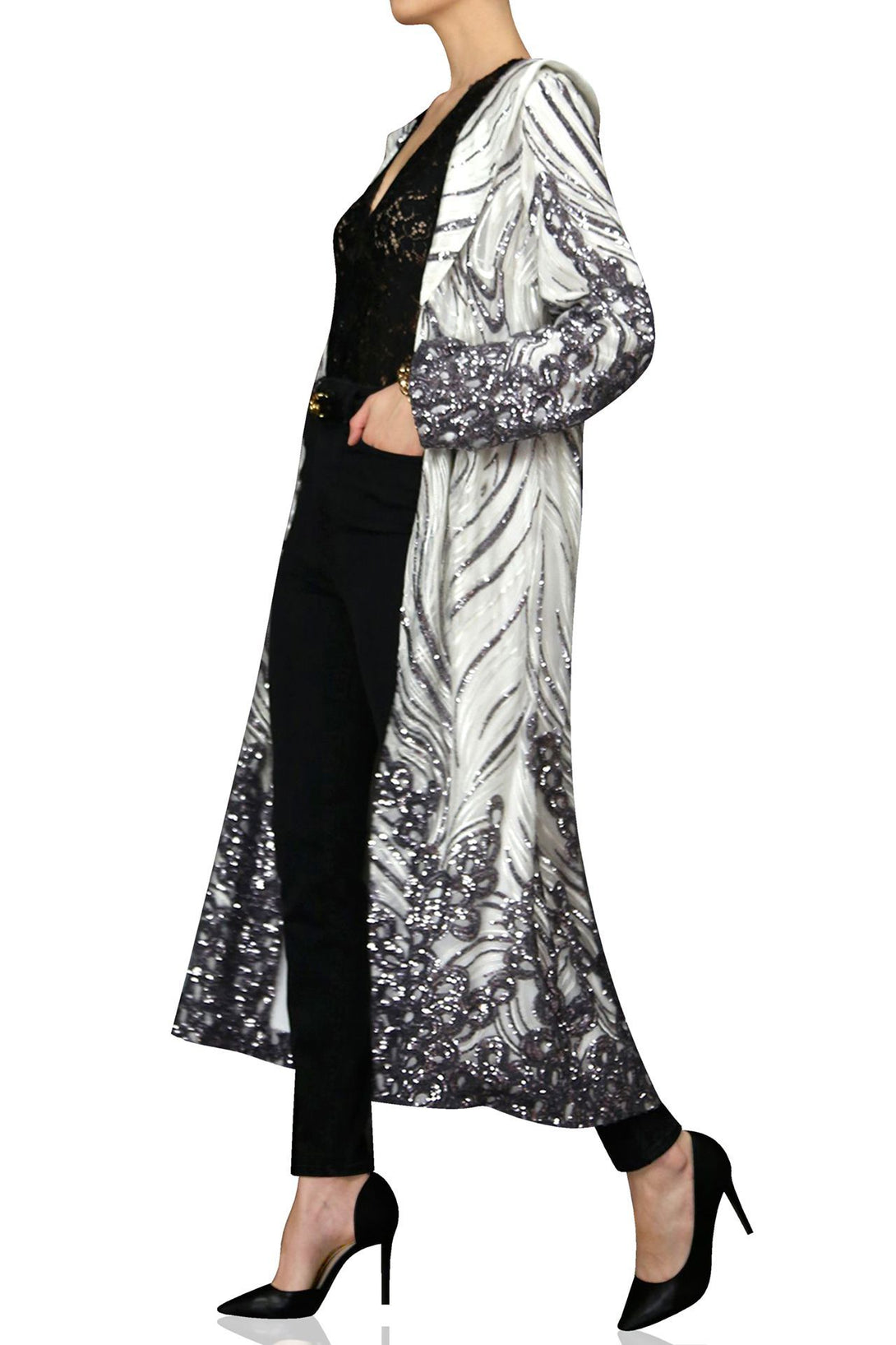 Womens-White-Designer-Sequin-Long-Duster-Jacket-By-Kyle