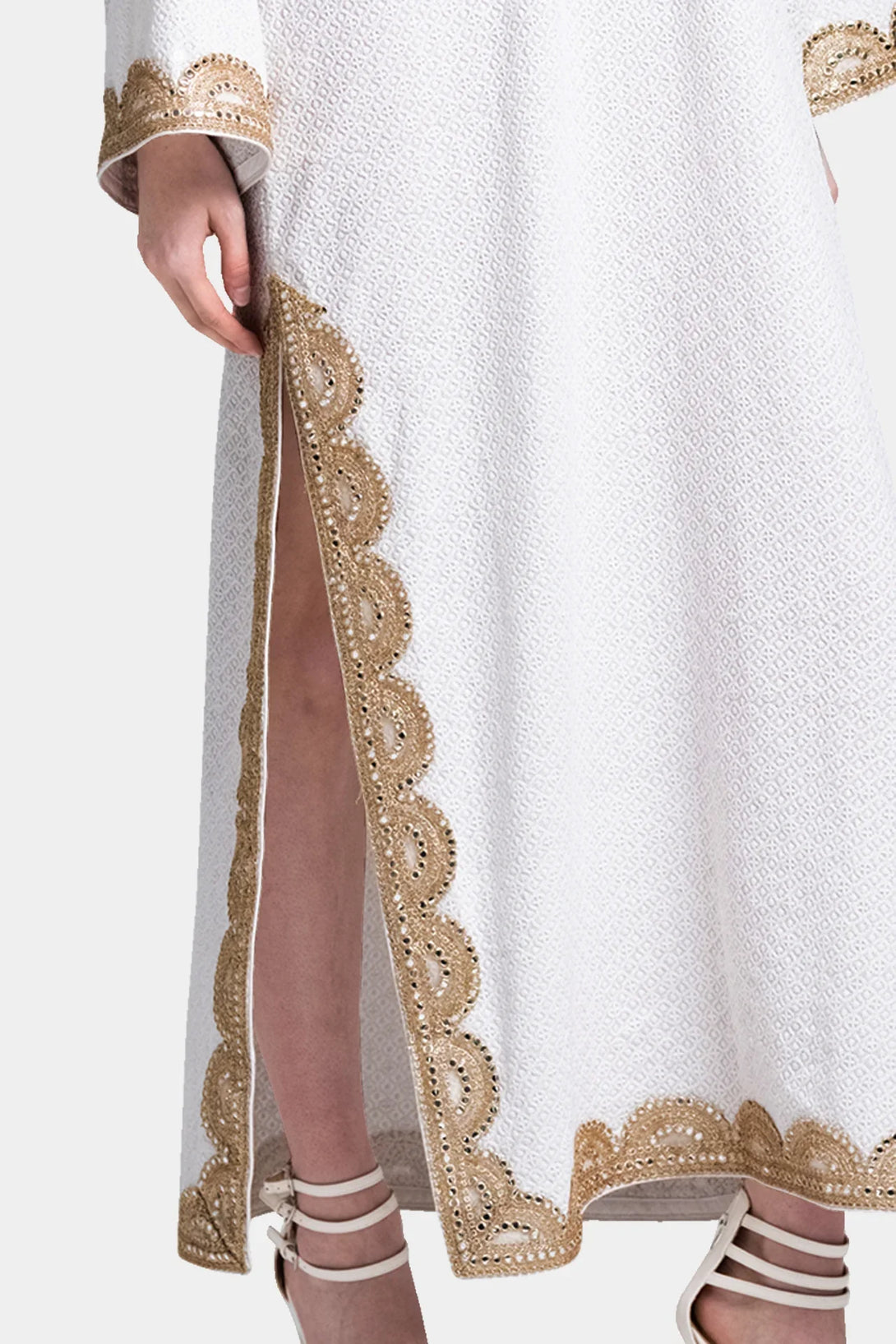 One Size White Gold Cotton Kaftan Dress