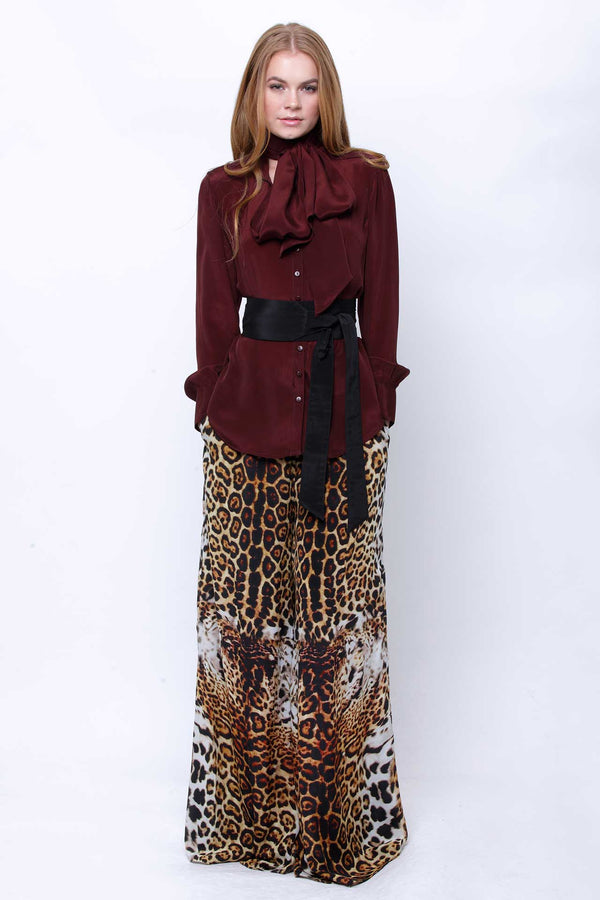 Luxury Silk Flared Wide-Leg Pants In Leopard Print