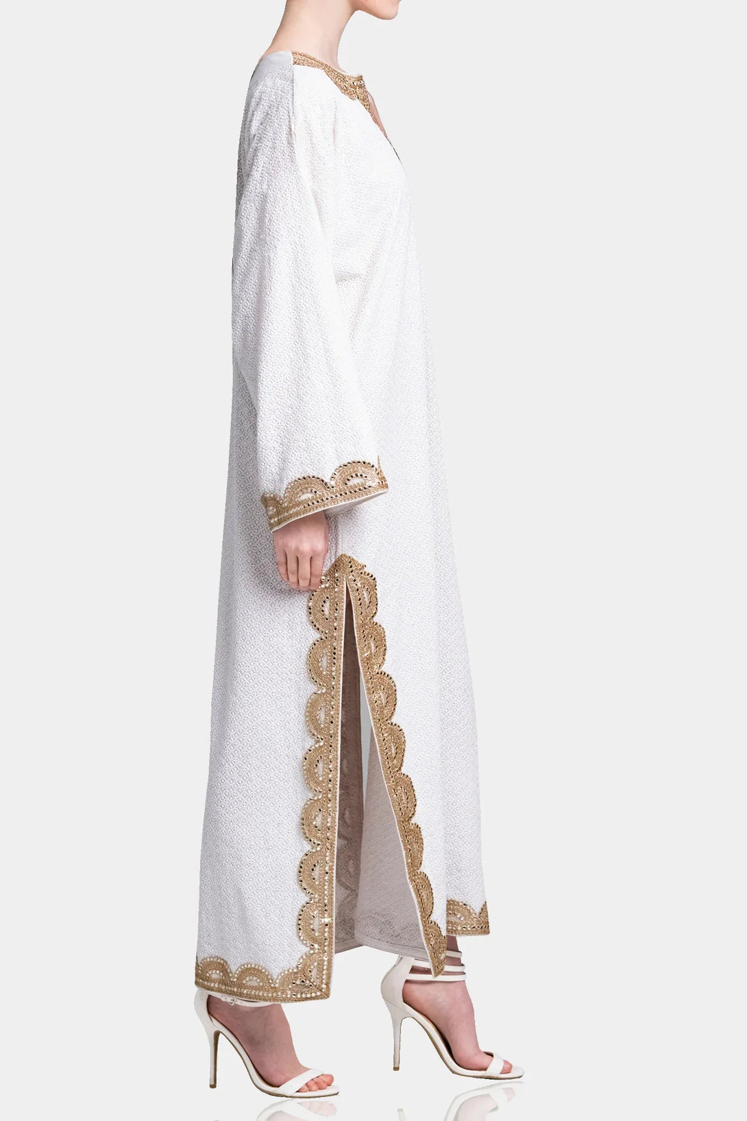 One Size White Gold Cotton Kaftan Dress