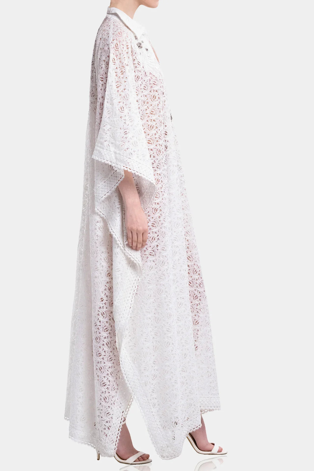 kaftan dress lace Long kaftan dress in pure silk jeans print with rebrod lace details