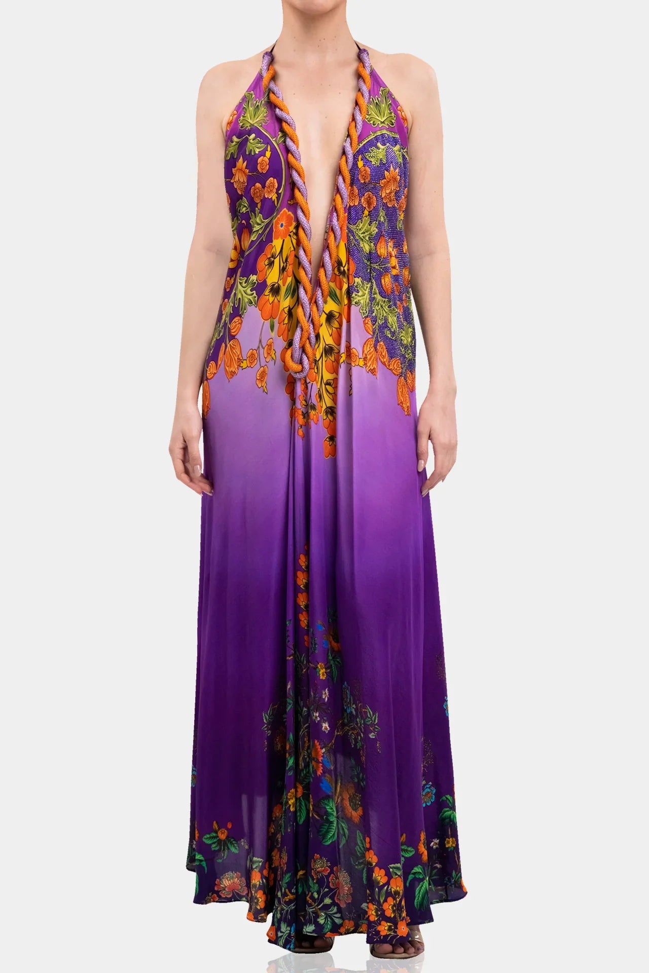 purple floral halter dress Yasmeen Floral Halter Godet Maxi Dress