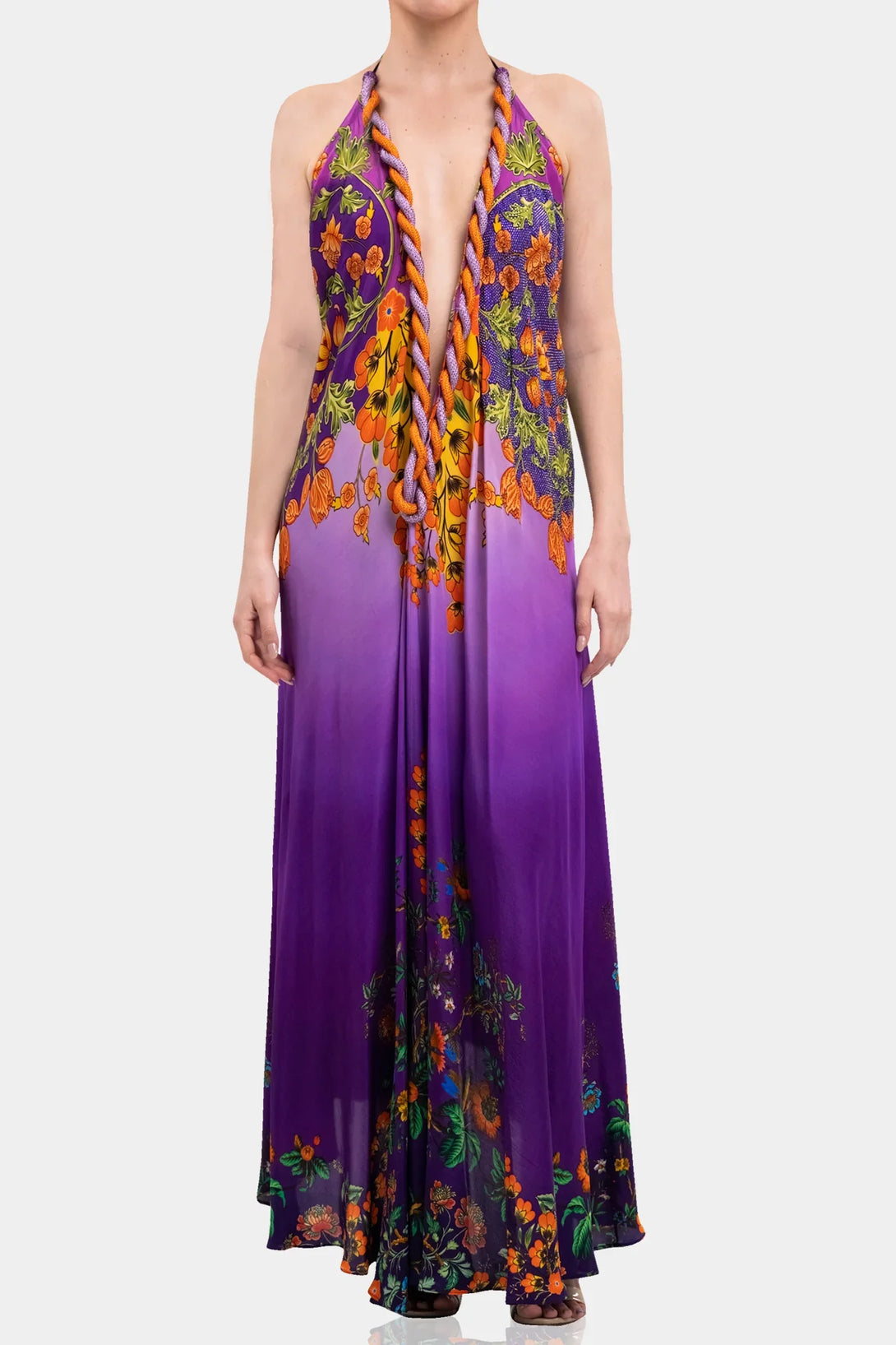 Purple Floral Ombre Halter Maxi Dress