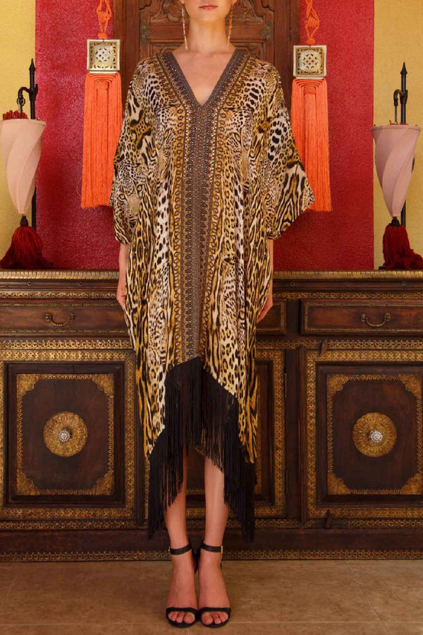Black and Gold Cheetah Print Fringe Dress