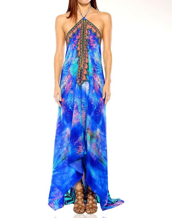 Palm Print Blue Maxi Dress