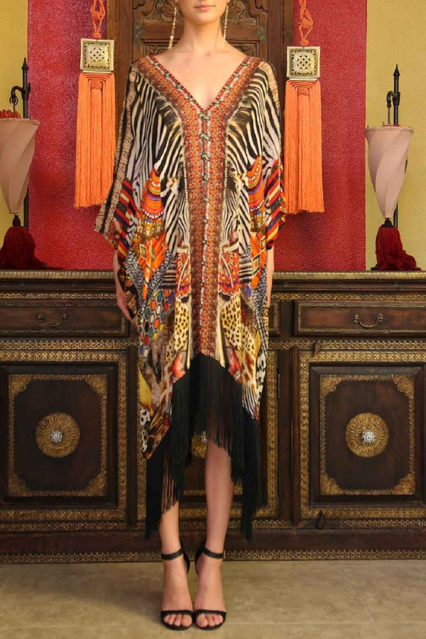 Orange Tribal Print Fringe Dress
