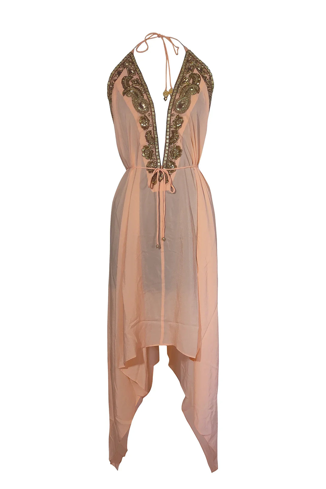 One Size Soft Coral Ornate Embroidered Scarf Midi Dress