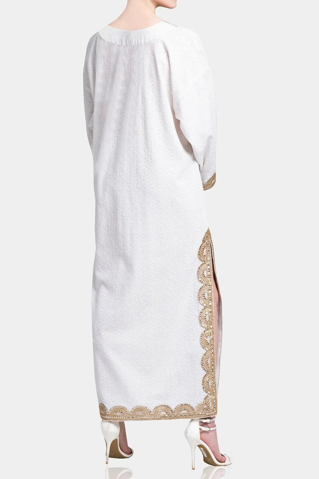 One Size White Gold Cotton Kaftan Dress
