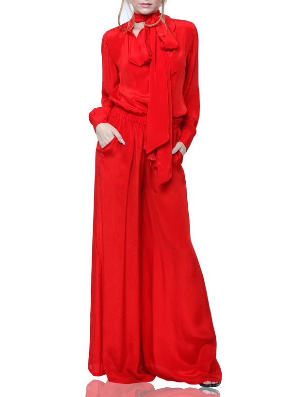 Red Solid Wide Leg Pants